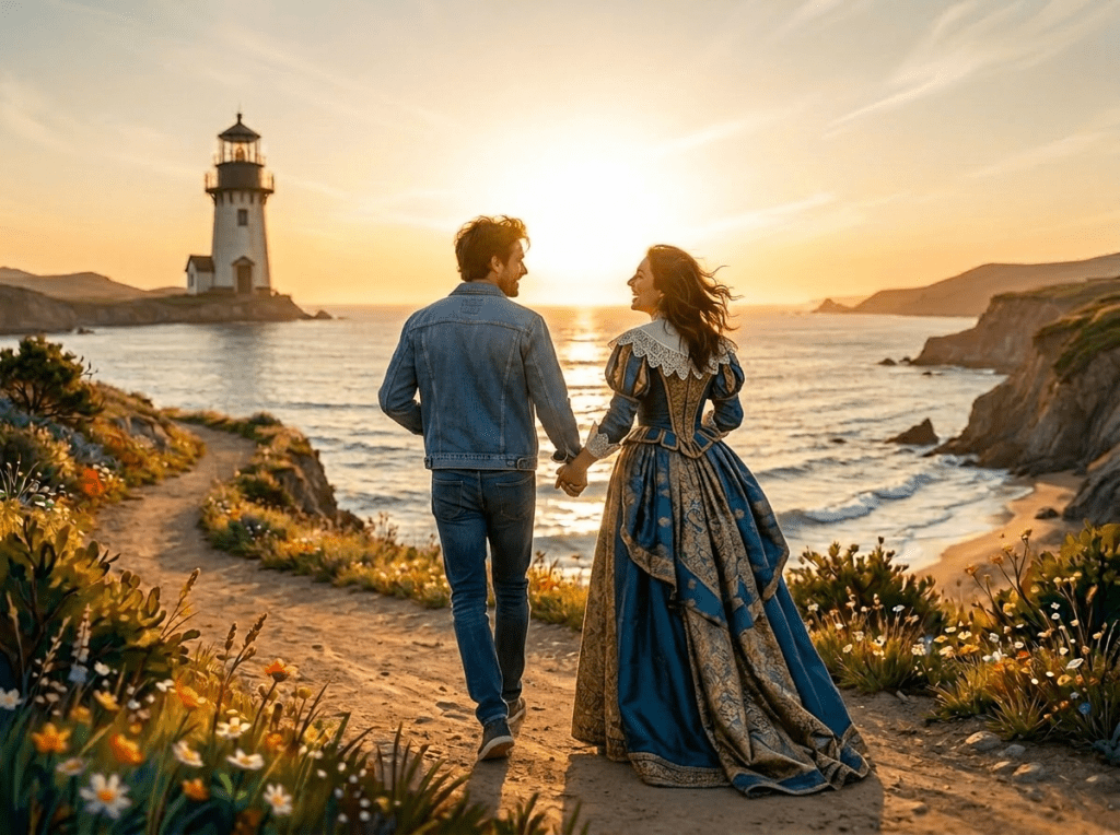 Happy couple running along coastal trail Couple running hand-in-hand on a scenic coastal trail with ocean and cliffs