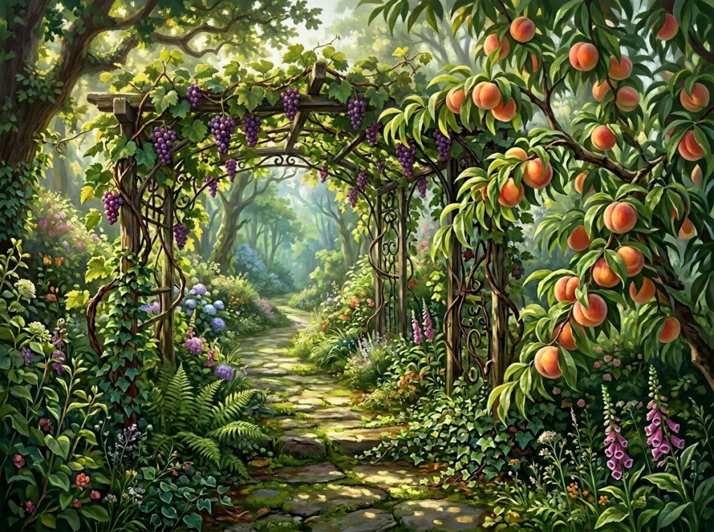 Enchanting garden path with fruit vines Stone path through garden with grapevine archway and peach tree leading to cottage